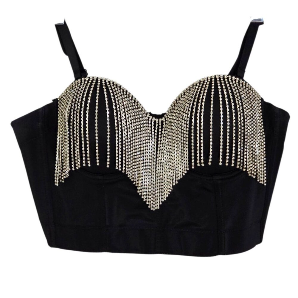 Women's Black Bustier Style Cropped Top‎ Rhinestone Fringe Sleeveless Size M